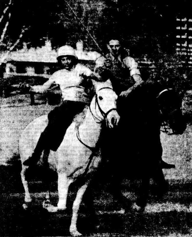 Elizabeth Antill at full stretch on a polo pony, mallet raised