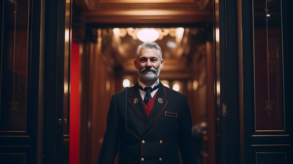 A uniformed doorman standing in a panelled entrance